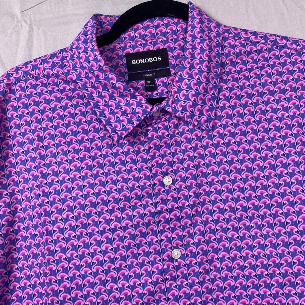 Bonobos Standard Fit Button Shirt Mens XXL 2XL Blue Pink Flamingo Cotton SS